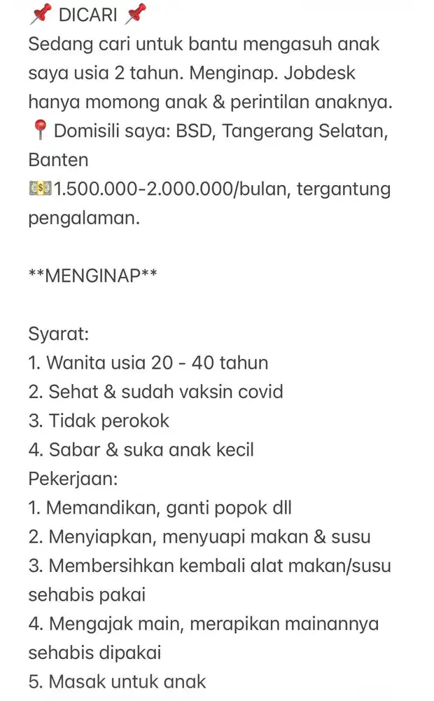DICARI ART MOMONG BAYI 2THN PEREMPUAN, MENGINAP DI BSD