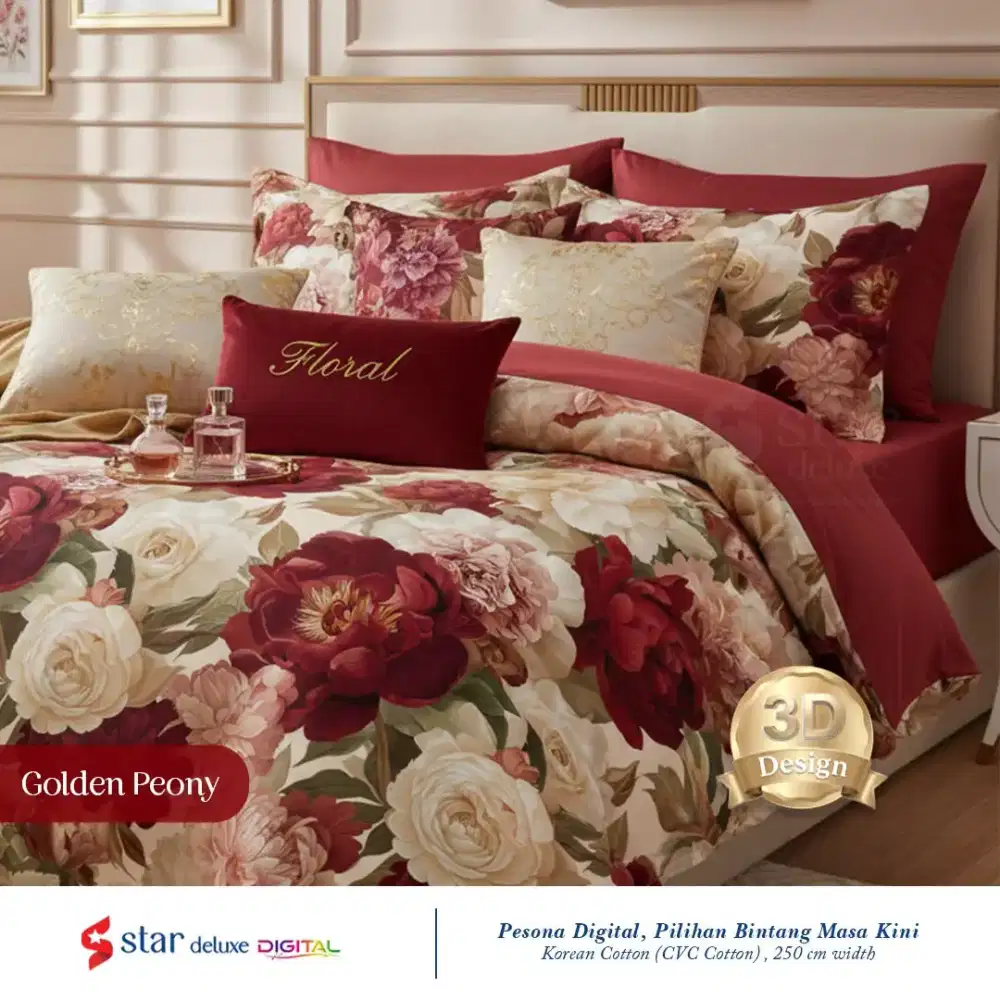 Sprei katun premium bunga peony motof 3D