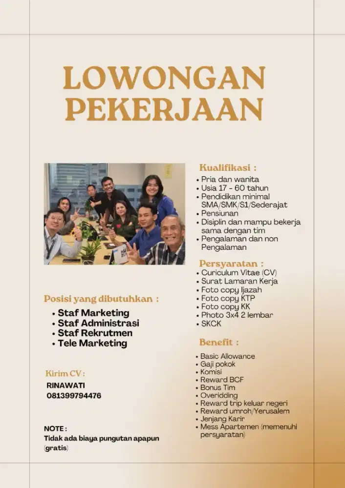 Dibutuhkan segera lowongan pekerjaan di perkantoran secepatnya!