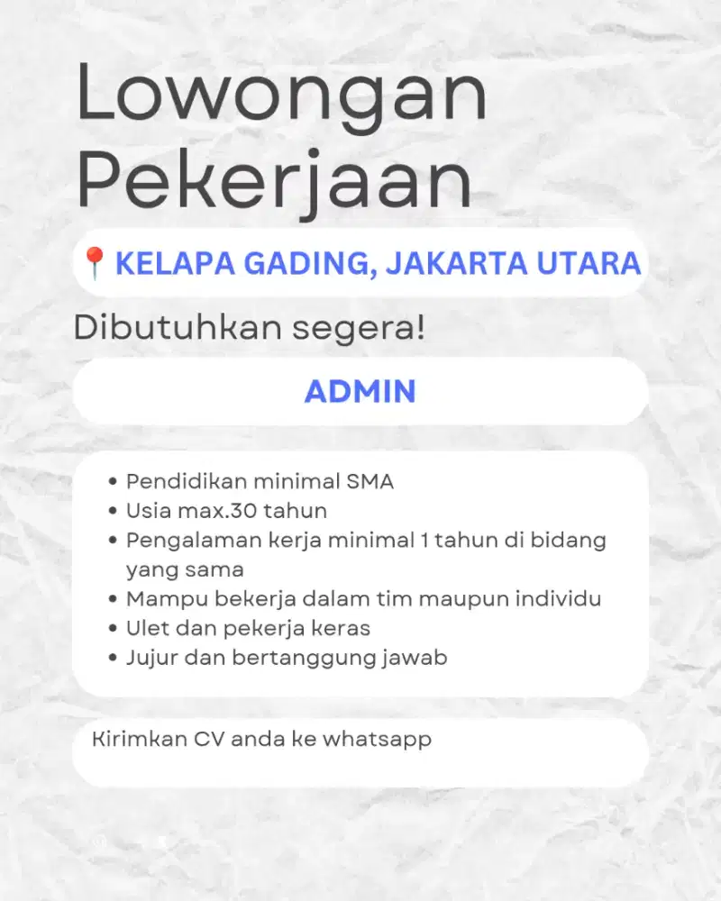 Dibutuhkan Segera Admin Toko