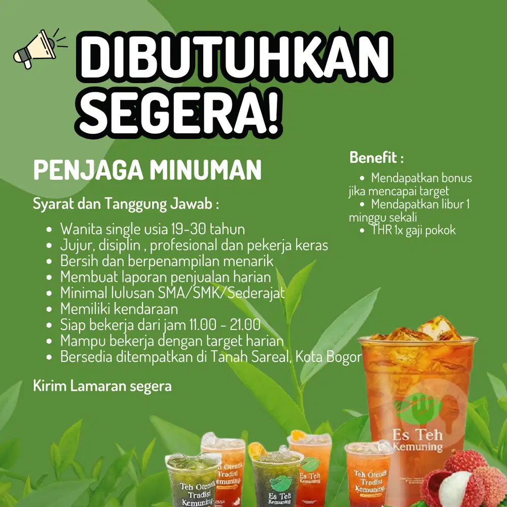 Lowongan Kerja Jaga Stand Minuman wilayah Kota Bogor