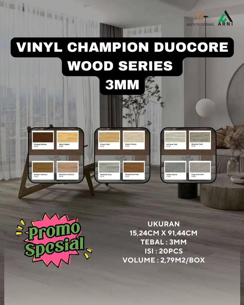 Vinyl Lantai CHAMPION Duocore tebal 3mm | Dekorasi Lantai Motif Kayu