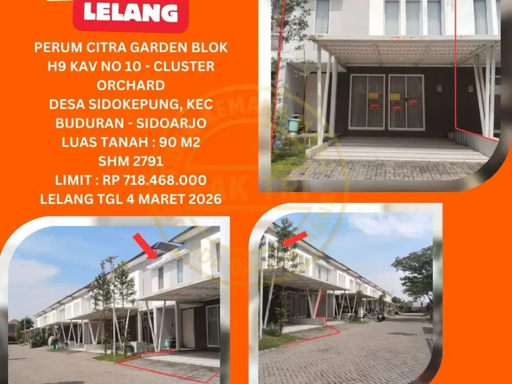 JUAL RUMAH LELANG BANK DI BUDURAN SIDOARJO (CITRA GARDEN CLUSTER ORCHARD) : LELANG KPKNL