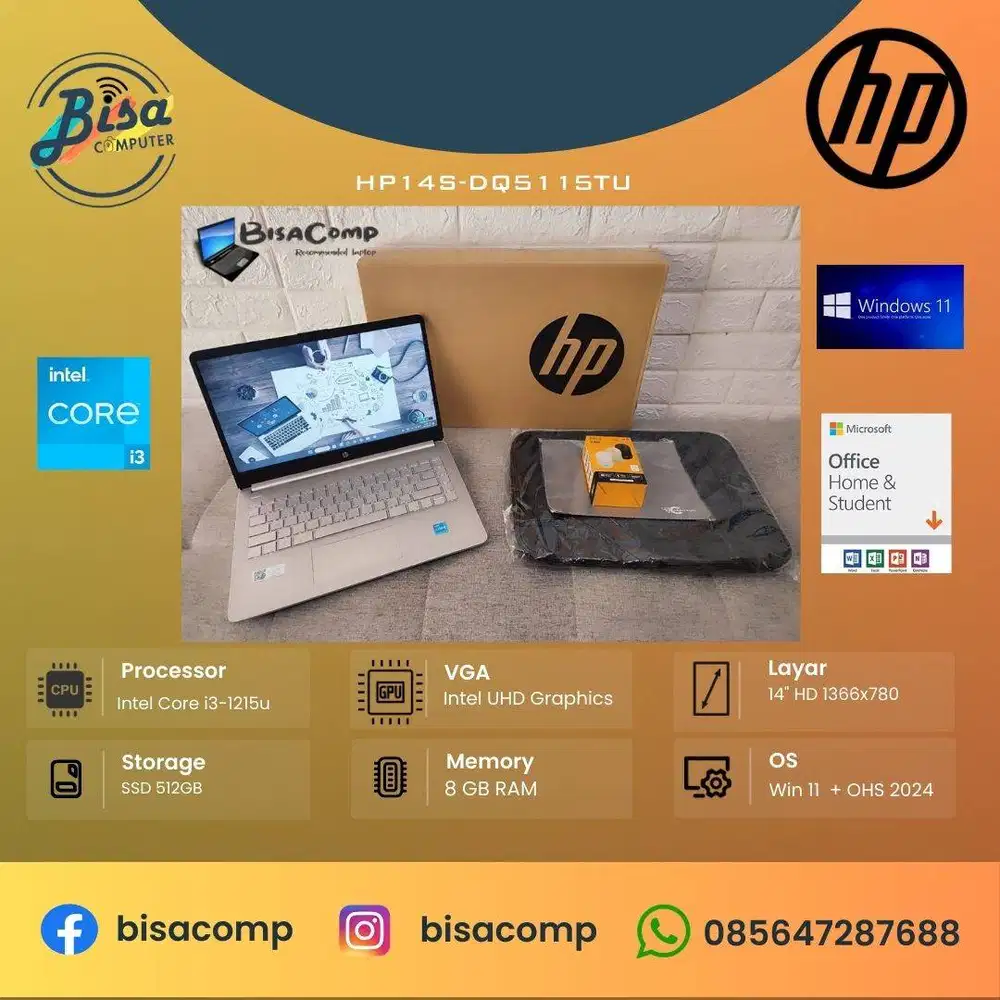 HP 14s-dq5115TU Core i3 12th Gen SSD 512gb Ram 8gb 14inchFHD Backlit