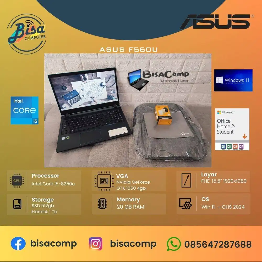 Asus F560u Core i5 8th Gen SSD 512gb HDD 1 Tb Ram 20gb VGA 4gb 15,6