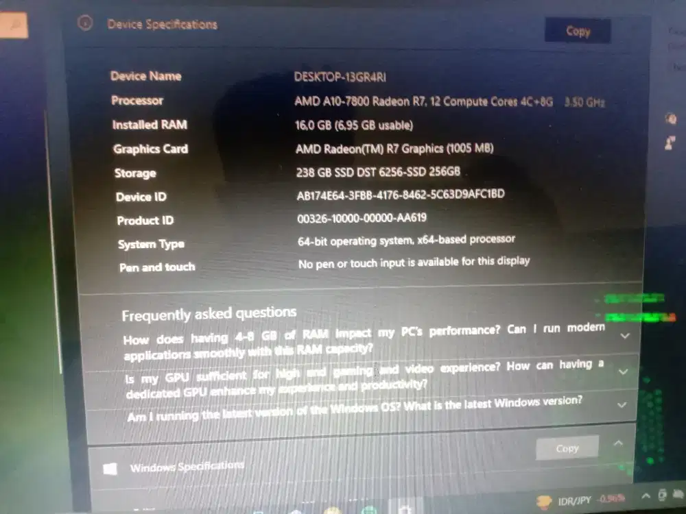 PC Amd a10 7800 ram 16gb SSD 256gb