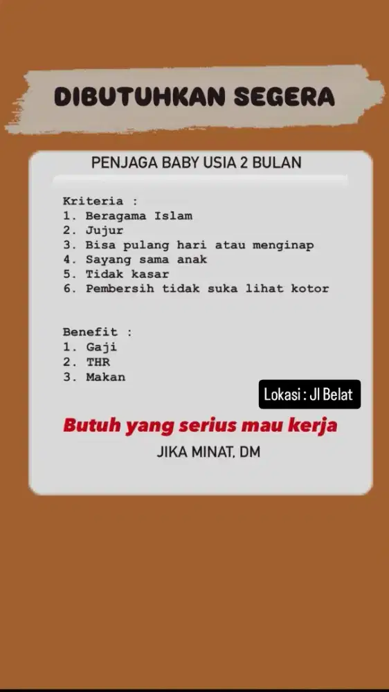 Dibutuhkan babysitter penjaga anak baby usia 2 bulan