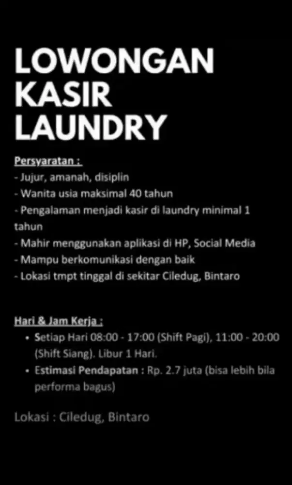 LOWONGAN KASIR LAUNDRY