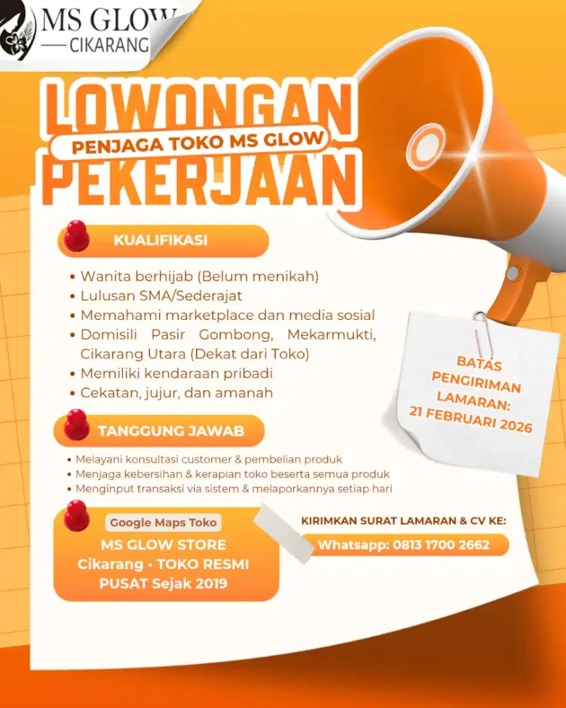 Lowongan kerja loker penjaga toko ms glow cikarang