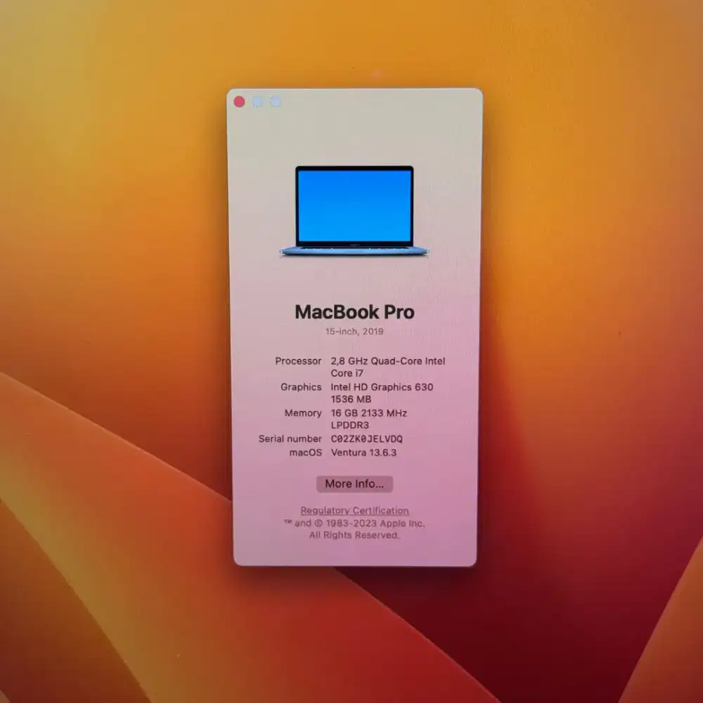 Macbook Pro 2019 Core I7 layar 15 Inch Ram 16 Ssd 256 Space Grey