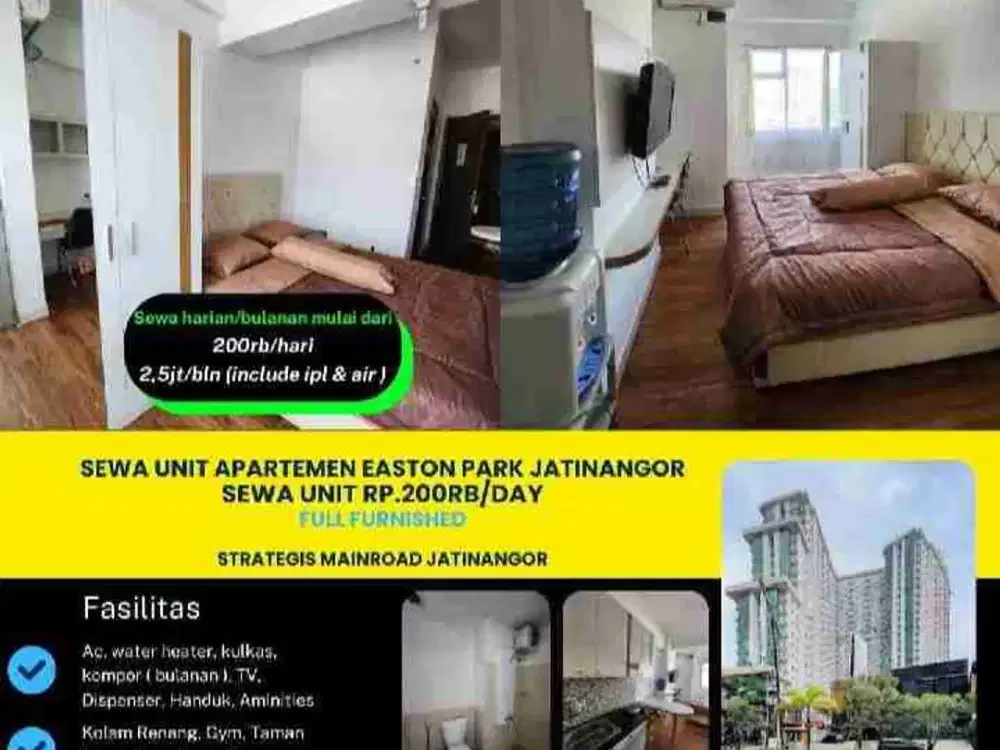 Sewa Harian/Bulanan/Tahunan Apartement Easton Park Jatinangor.

Apartemen Apartement Easton Park Jatinangor Studio Full Furnished.