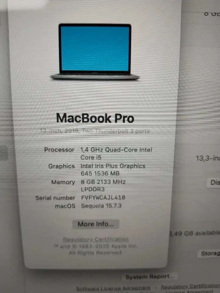 Dijual macbook pro 13-inch TOUCHBAR 2019 intel core i5 quad core MacOS