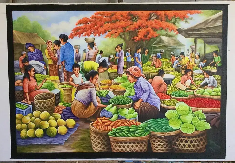 Dijual lukisan kanvas pasar 90x130 cm