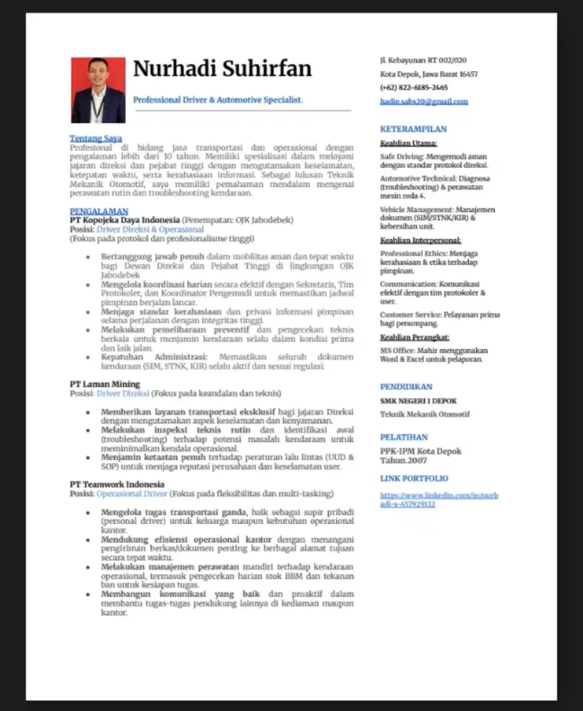 Driver Direksi Profesional dan Automotive Specialist Eks OJK