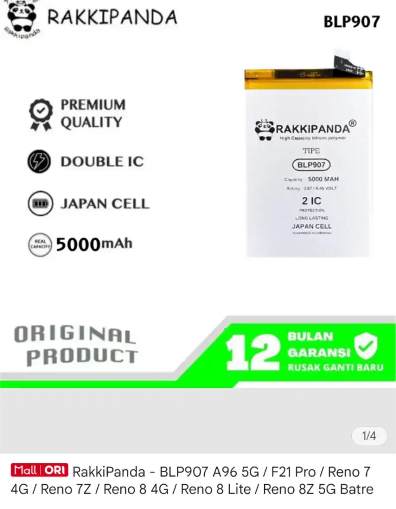 Baterai Rakkipanda BLP 907 Untuk Oppo Reno 7 4G / Reno 8 / A96 5G /