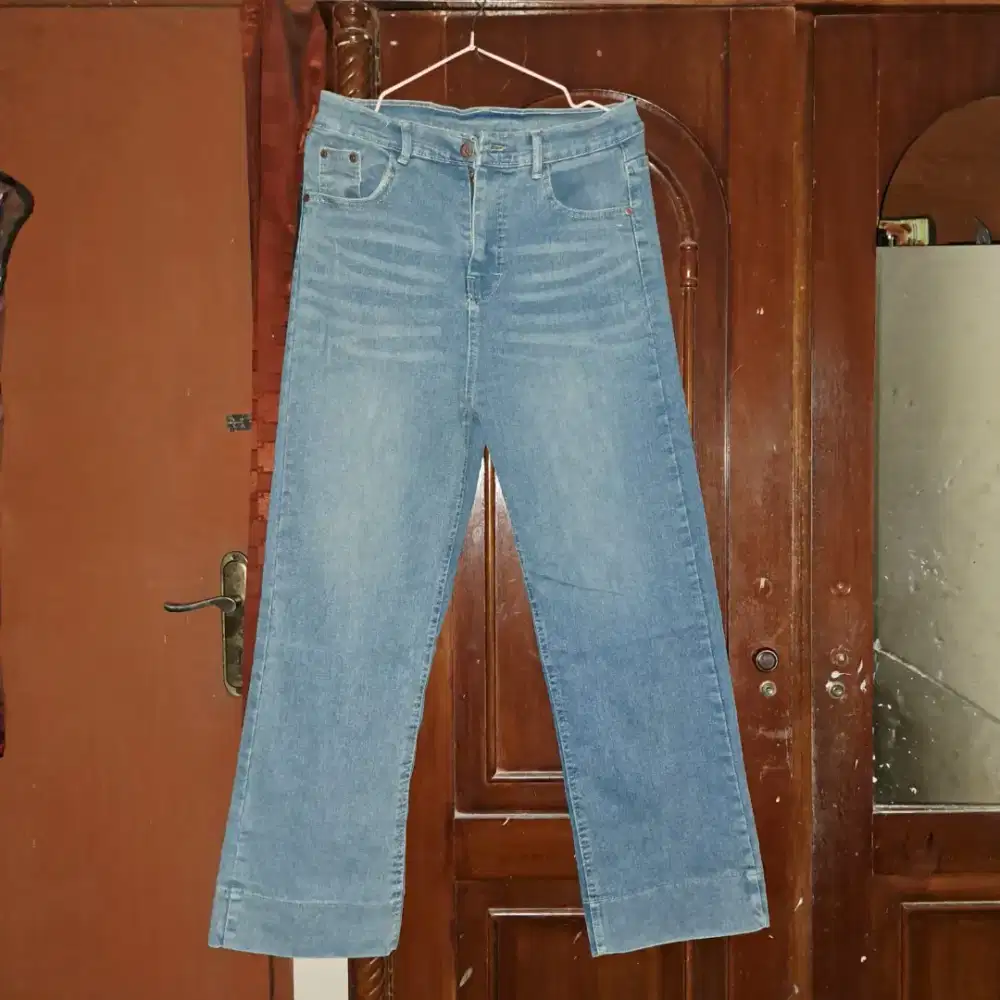 Celana Highwaist loose jeans wanita lipat lebar straight jeans