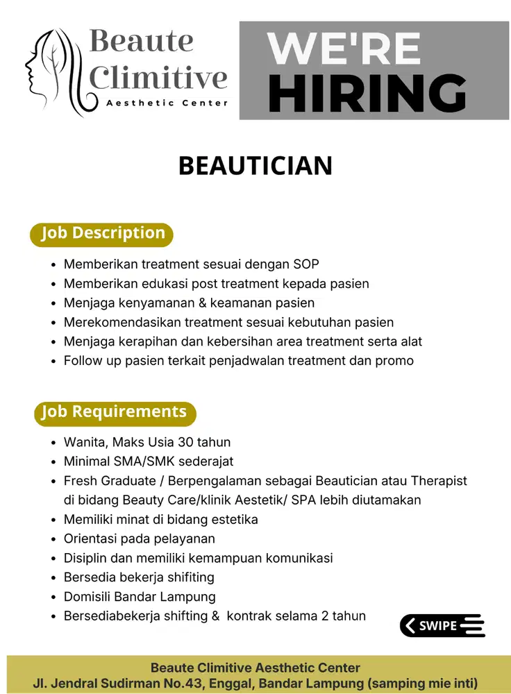 lowongan Kerja BEAUTICIAN / BEAUTY THERAPIST KLINIK KECANTIKAN