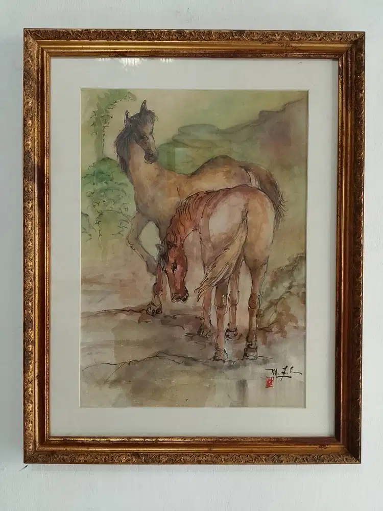 Lukisan cat air original Lee Man Fong 'Dua Kuda'