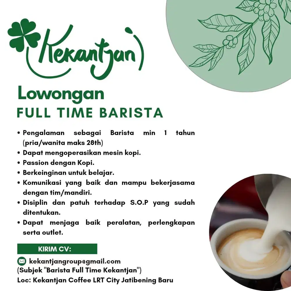 Iklan Pekerjaan Barista WIlayah Jakarta Timur dan Bekasi