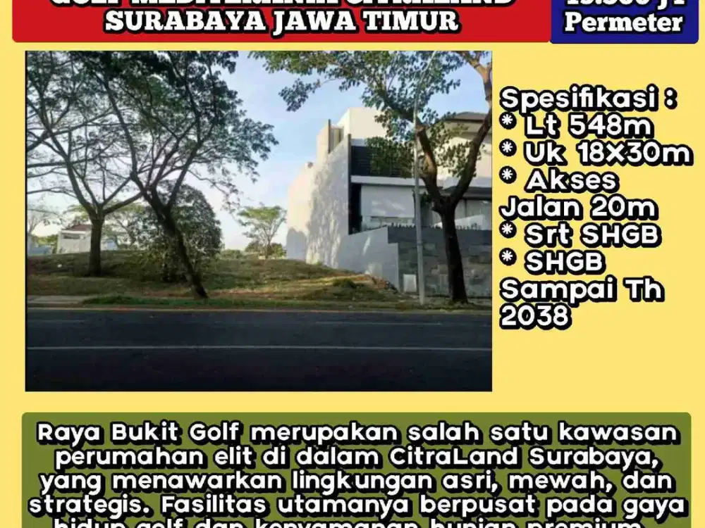 Jual Tanah Raya Bukit Golf Jl. Golf Mediterania Rd Citraland Lakarsantri Surabaya