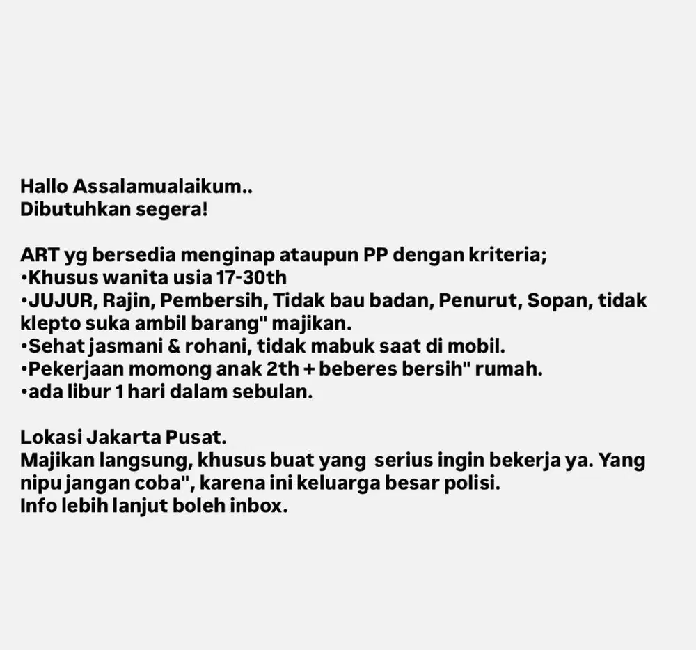 Loker ART Menginap/PP