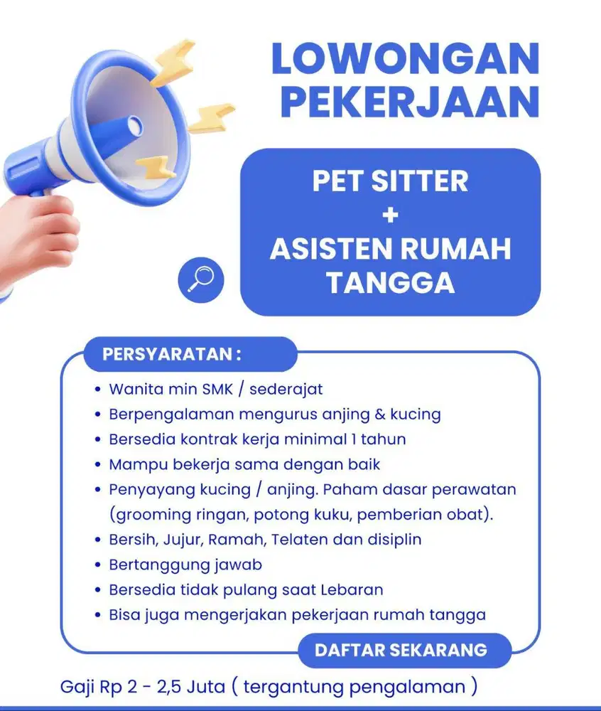 DIBUTUHKAN CEPAT PET SITTER + ASISTEN RUMAH TANGGA