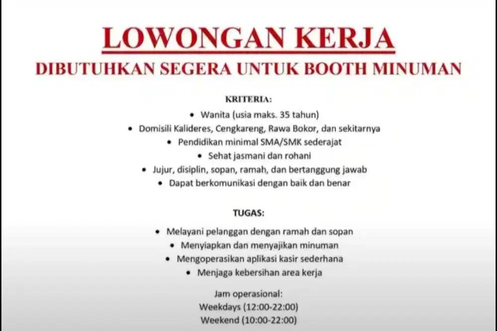 DICARI KARYAWAN BOOTH MINUMAN