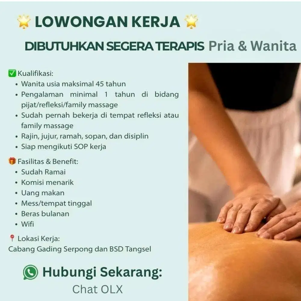 Dibutuhkan Terapis Massage Pria & Wanita pengalaman di Gading Serpong