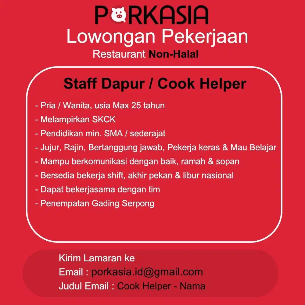 Dibutuhkan cook helper / staff dapur untuk restoran (Non Halal)