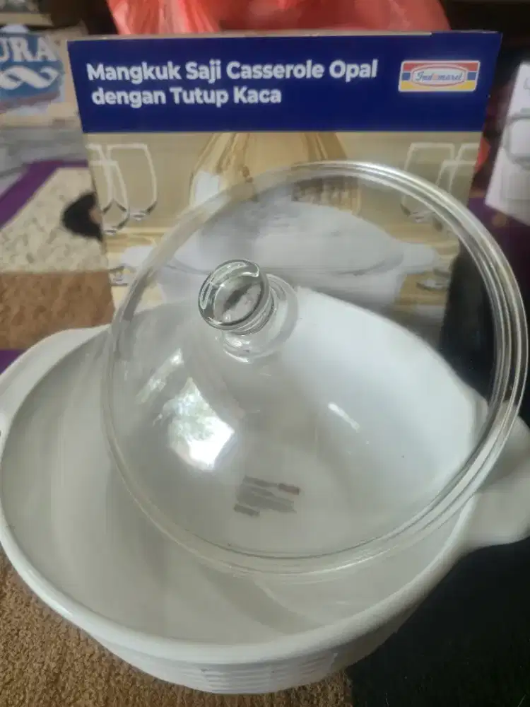 Mangkuk saji casserole opal tutup kaca tebal