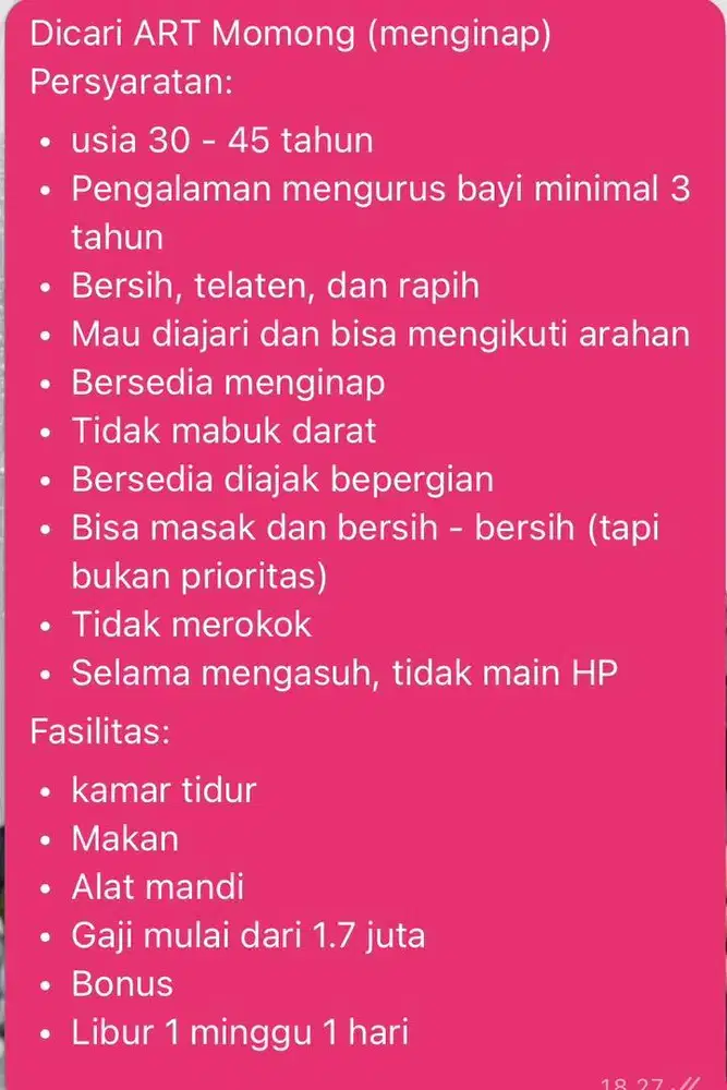 Dicari ART Momong Menginap