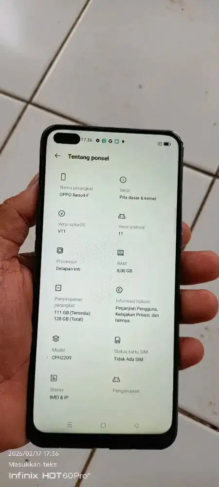 OPO Reno 4f.  8/128 minus gantian lcd SMA bodi2 kurang mlus