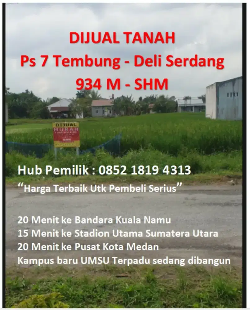 LOKASI PREMIUM-Tanah SHM 934m² (2,3 Rante) Jl. Sederhana Psr 7 Tembung