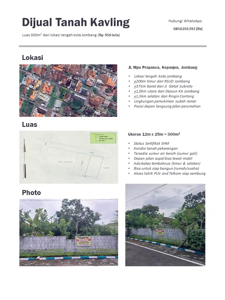 Dijual Tanah Kavling Strategis (Luas 300m2 ditengah kota Jombang)