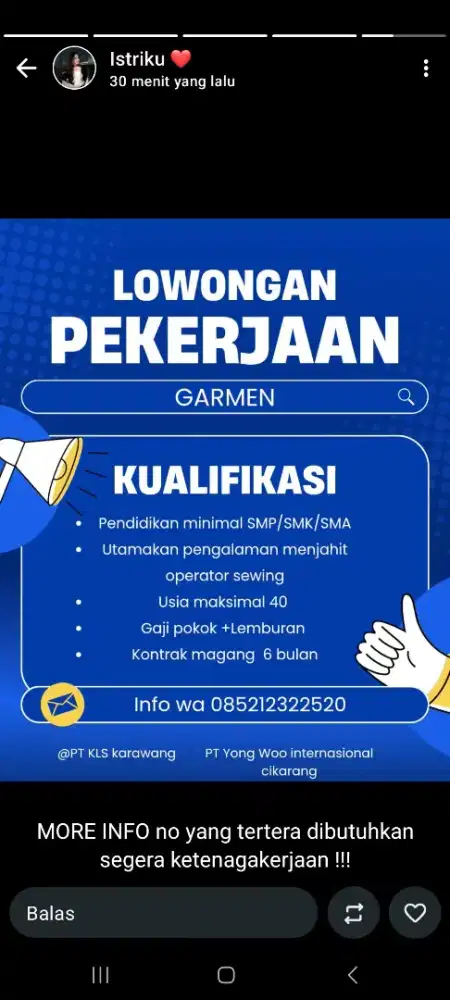 Dibutuhkan operator Sewing