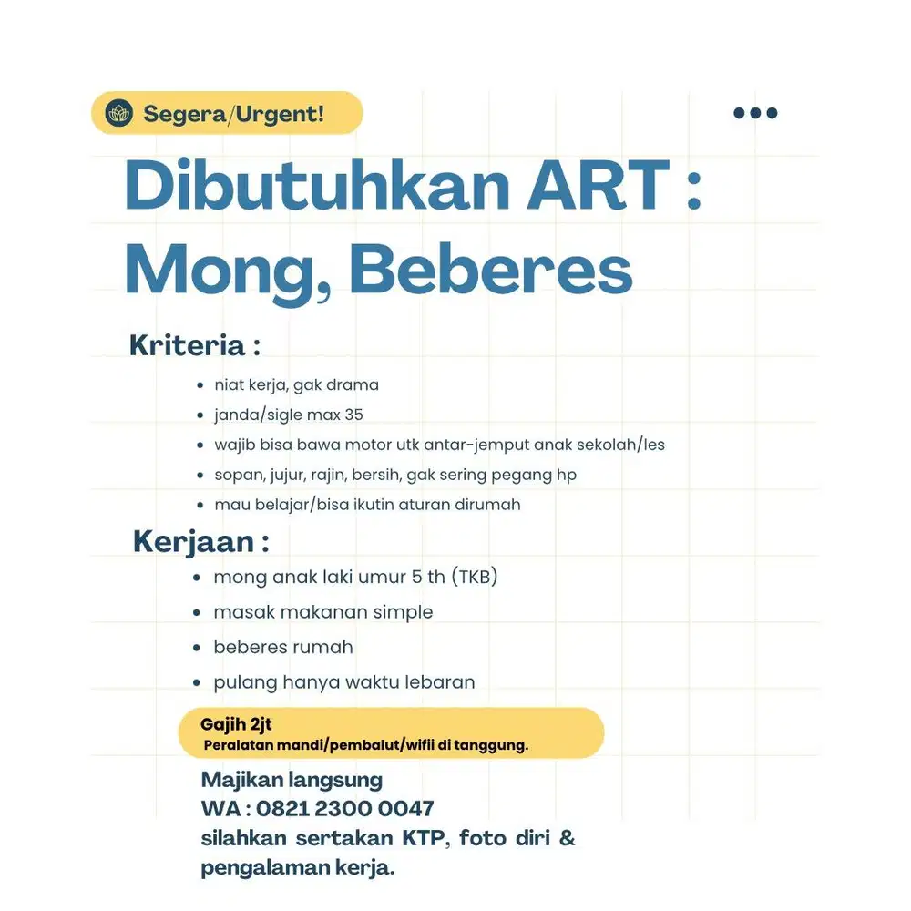 Lowongan ART Mong Beberes