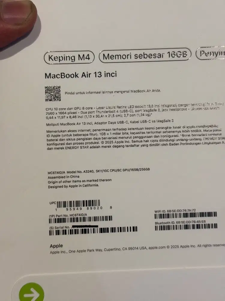 IBOX Macbook Air M4 16gb 256gb Sky Blue resmi Apple Indonesia RESMI