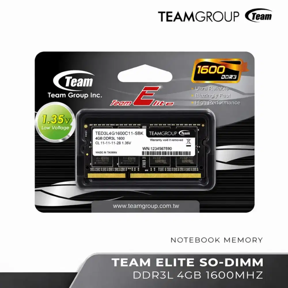 Memory RAM Laptop TeamGroup Team Elite DDR3 4GB PC3-12800 CL11 1600MHz