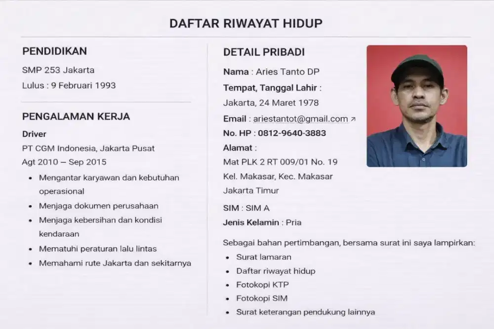 Saya sedang mencari pekerjaan sebagai driver/supir