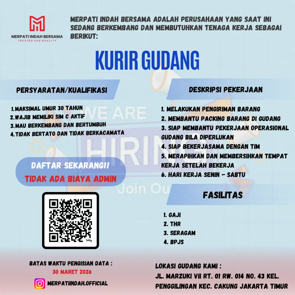 Dibutuhkan bagian kurir gudang