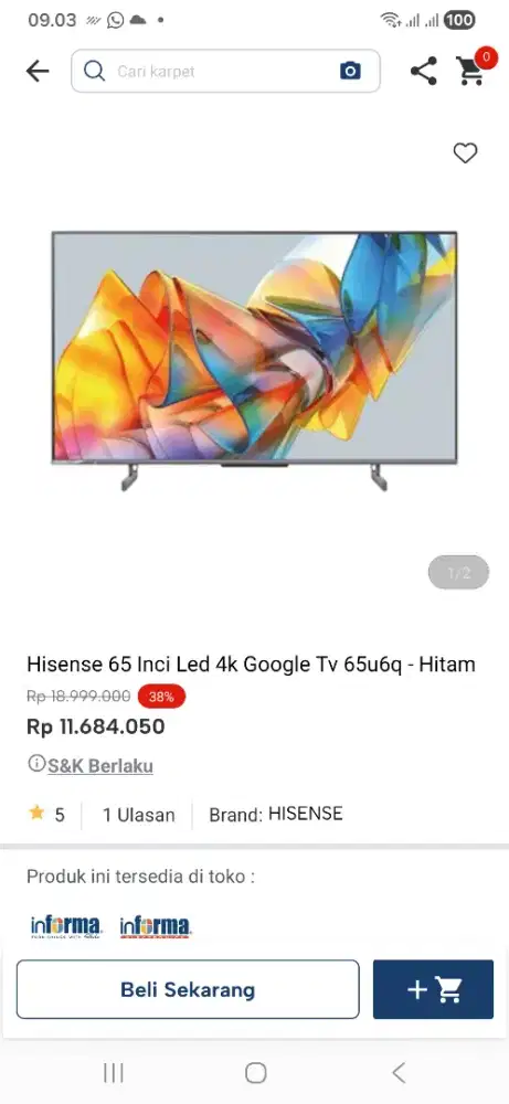 Hisense 65 inci led 4k google tv