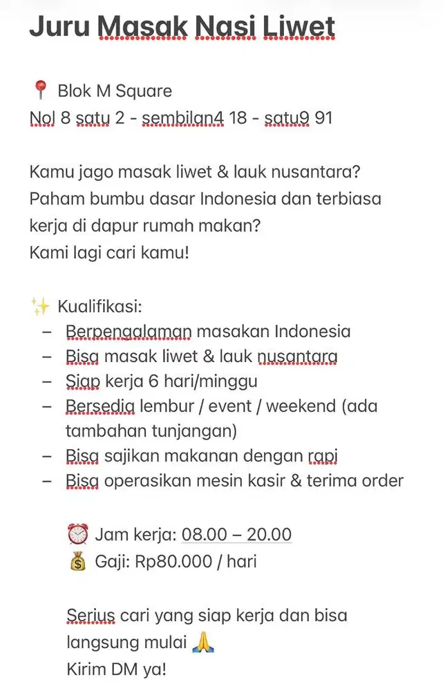Loker Juru Masak Nasi Liwet