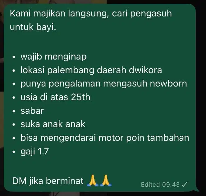 DICARI PENGASUH / BABY SITTER