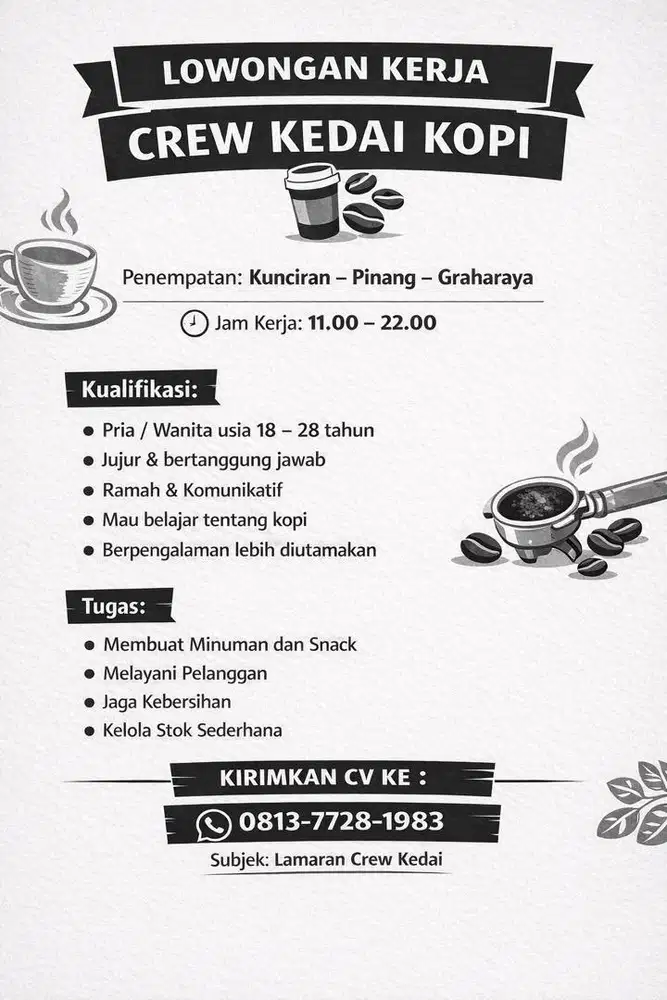 Lowongan Crew Kedai Kopi