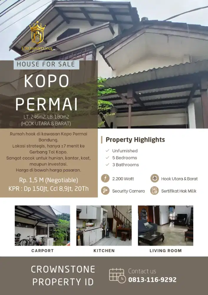 Dijual Rumah Kopo Permai Hook U&B LS.246m2, LB 180m2, SHM, Cash / KPR