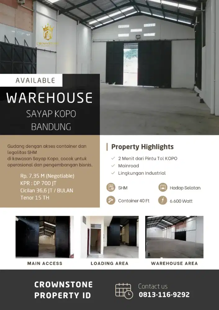 Dijual Gudang Aktif LT.700m2, LB.600m2, Hadap Selatan, Cash / KPR