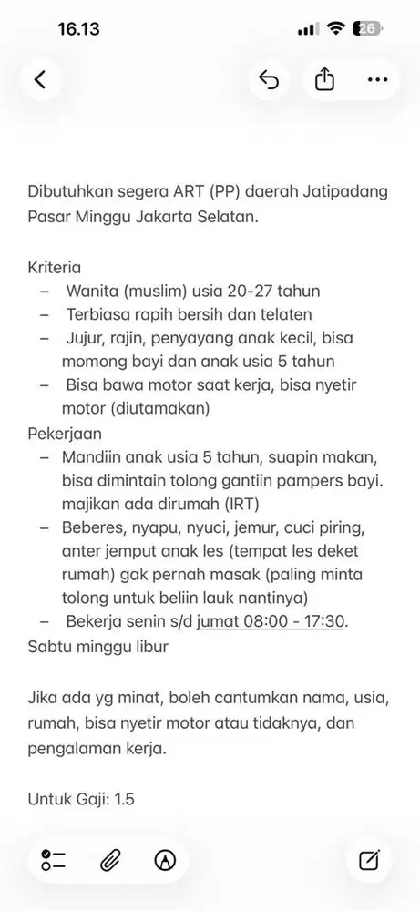 Dibutuhkan ART Pulang Pergi (jatipadang pasar minggu, jakarta selatan)