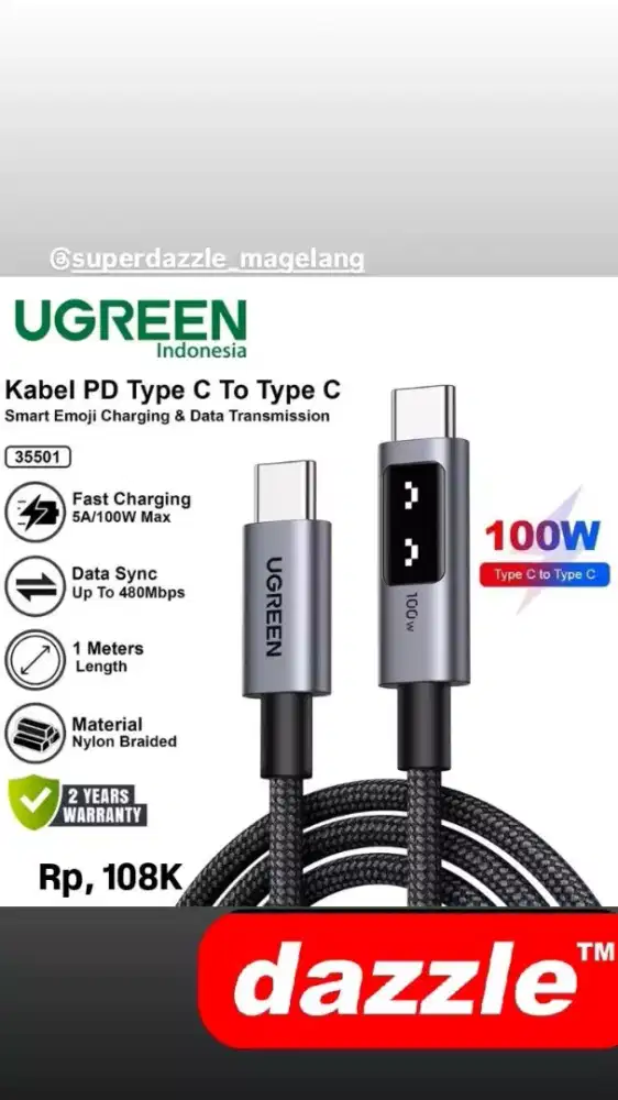 KD ugreen uni cable c to c 100w nylon 1m black