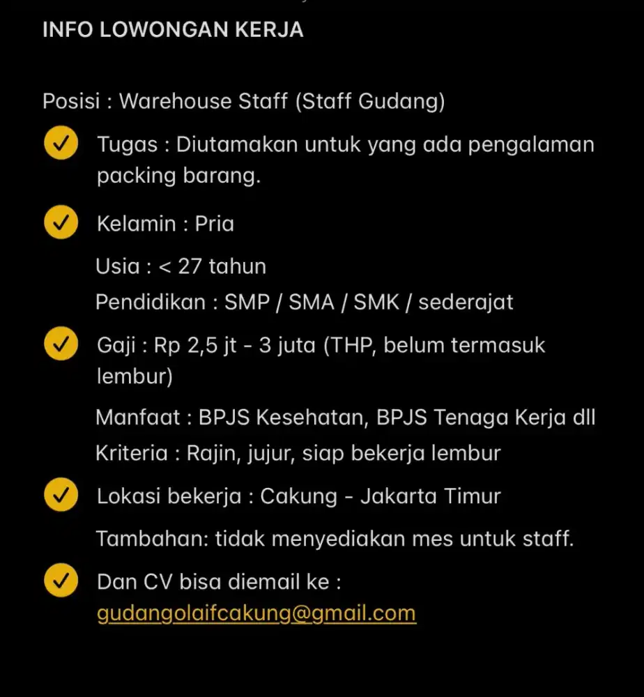 Dicari warehouse staff area Cakung - Jakarta Timur