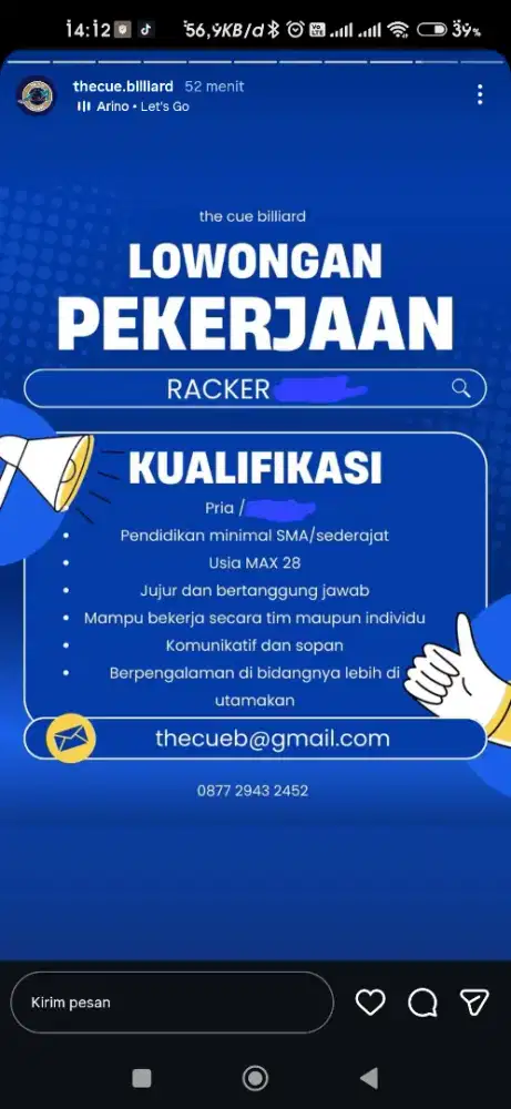 Lowongan recker billiard